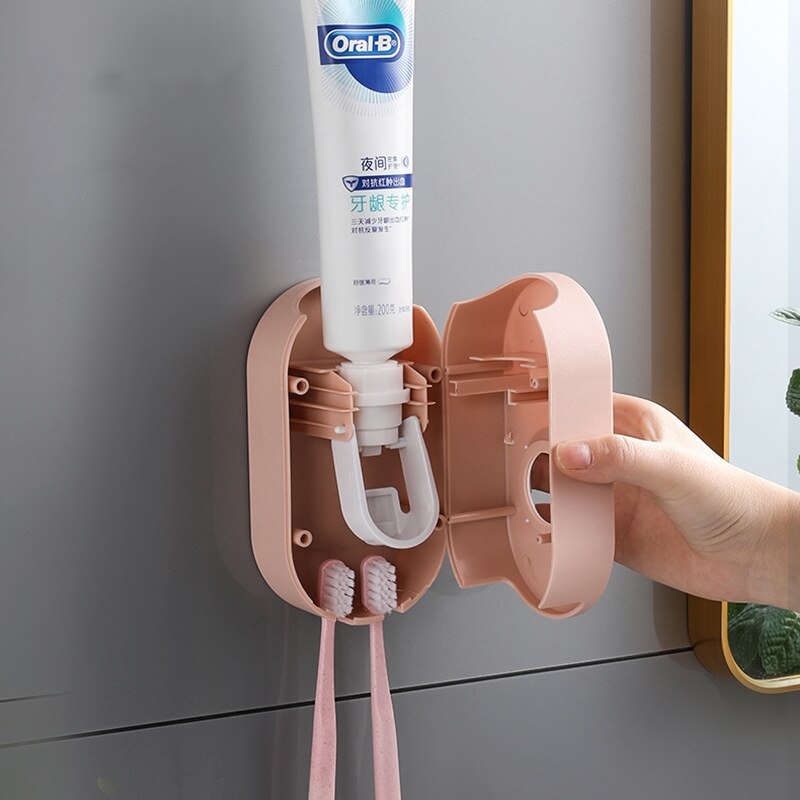 Home Adhesive Automatic Toothpaste Squeezer with Toothbrush Holder Bathroom Wall-mounted Toothpaste Dispenser Useful Things